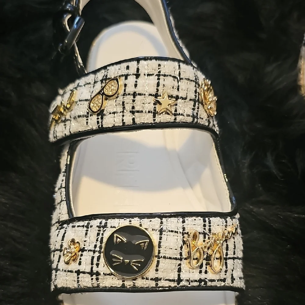 Karl Lagerfeld Women's Black and White Tweed Sandals - Picture 3 of 5